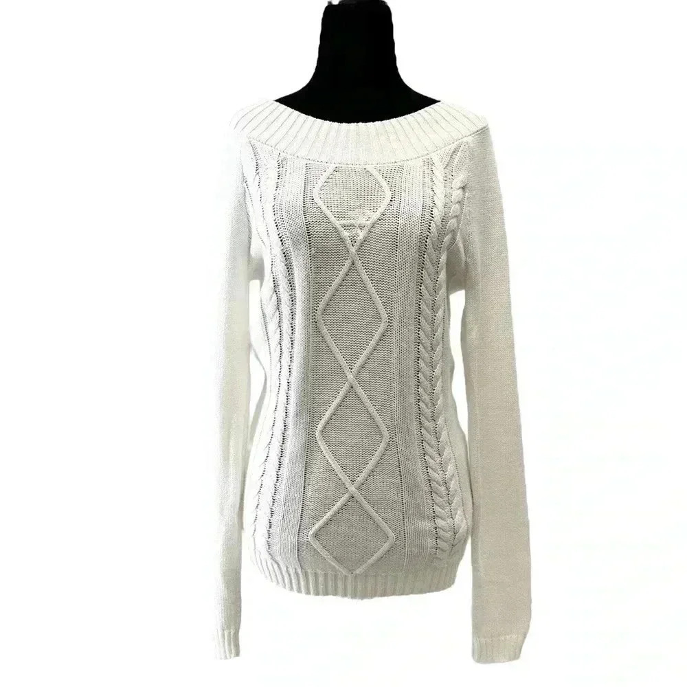 Ricki’s Ivory Cable Knit Sweater Boat Neck Cotton Pullover Small